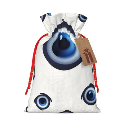 Dwrepo Evil Eyes Pattern Christmas Gift Bags Burlap Gift Wrap Bags Reusable Drawstring Gift Bags with Tags Christmas Treat Bags Sack Stockings for Xmas Holiday Party Favors Bags Medium