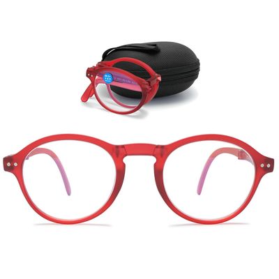 ABETOS Folding Reading Glasses Round Oval Blue Light Blocking Foldable Spring Hinge Computer Readers Women Men, Red 3.0