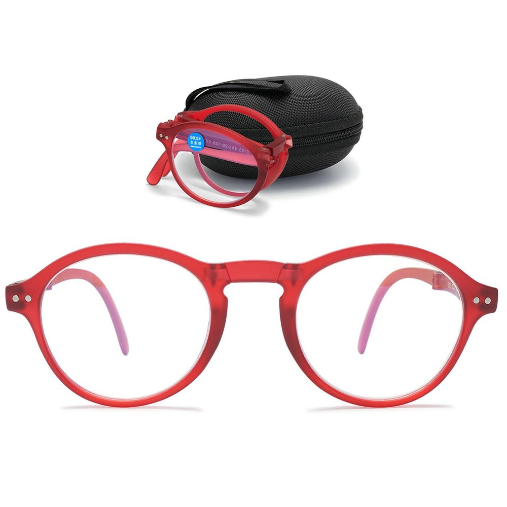 ABETOS Folding Reading Glasses Round Oval Blue Light Blocking Foldable Spring Hinge Computer Readers Women Men, Red 3.0