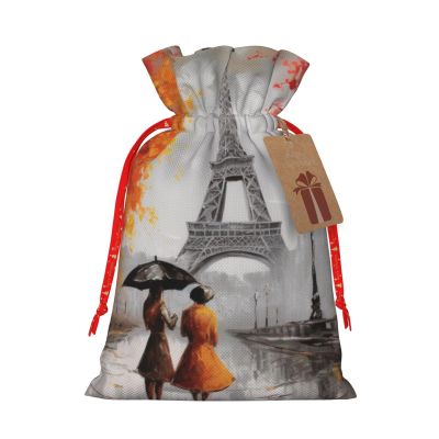Dwrepo Eiffel Tower Paris Painting Christmas Gift Bags Burlap Gift Wrap Bags Reusable Drawstring Gift Bags with Tags Christmas Treat Bags Sack Stockings for Xmas Holiday Party Favors Bags Small