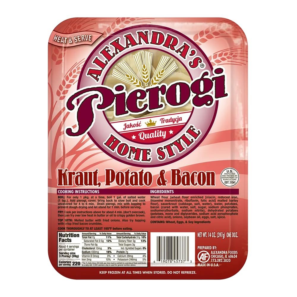 Alexandra's Pierogis 14 oz., Pack of 6 (72 Pierogis total) (Kraut, Potato & Bacon)