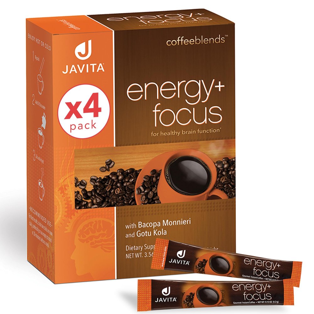 Energy + Focus Instant Coffee by Javita  Premium Arabica with Adaptogens  Clean Energy & Mental Clarity Support  Convenient Functional Coffee Medium Roast Coffee Mix (4 box/96 serv.)