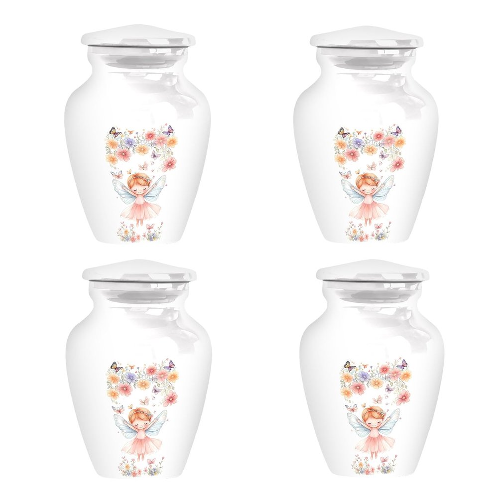 Angel Wings Child Urn for Ashes - Memorial Urn with Floral Fairy Design - 10-Inch Metal Cremation Urn with Velvet Bag - Elegant Keepsake for Infant or Small Child's Remembrance (Pack of 4, Keepsake)