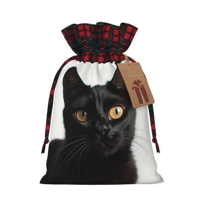 Christmas Gift Bag with Drawstring Burlap Gift Bag Reusable Wrapping Bags Drawstring Bag for Xmas Candy Bags Black Cute Cat Gift Bags for Christmas Decorations Holiday Wedding Presents Medium