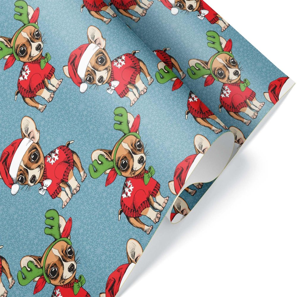 Chihuahua Wrapping Paper, Christmas Xmas Gift Wrap for Dog Mom, Naughty Apple Head Doggy Holiday Theme (Chi Snow, 12 foot x 30 inch roll)