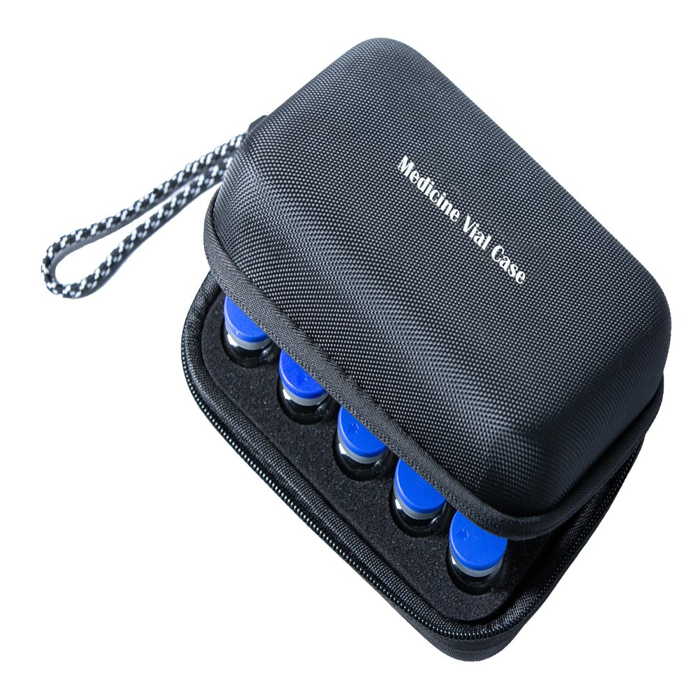 15 Vials Holder, Insulin Peptide Vial Case for Fridge, with Hand Strap and Logo,Fits 5-15ml Vials for Peptide, GLP-1 and Insulin Storage, Pocket Design for Carrying Syringes and Wet Paper Etc,Black