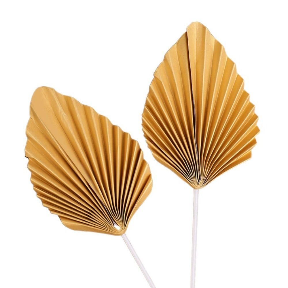 10PCS Paper Palm Leaves Cake Toppers, Paper Palm Fan Cake Toppers, Gold Palm Leaf Fan Cake Topper, Cake Insert Decoration for Wedding Party Supplies