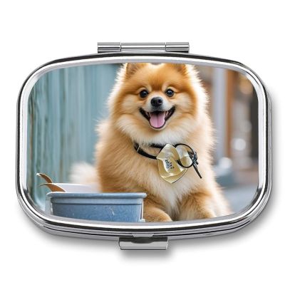 Square Pill Box Short-haired Pomeranian Dog Pill Case 2 Compartment Medicine Pill Organizer for Purse & Pocket Portable Travel Pillbox Medicine Vitamin Cod Liver Oil Storage Box Organizer