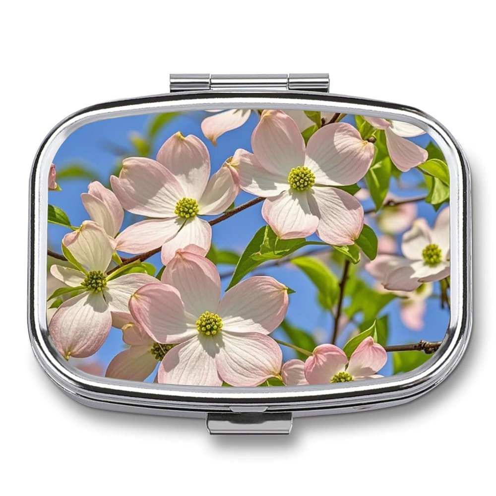 Square Pill Box Spring Dogwood Blossoms Pill Case 2 Compartment Medicine Pill Organizer for Purse & Pocket Portable Travel Pillbox Medicine Vitamin Cod Liver Oil Storage Box Organizer