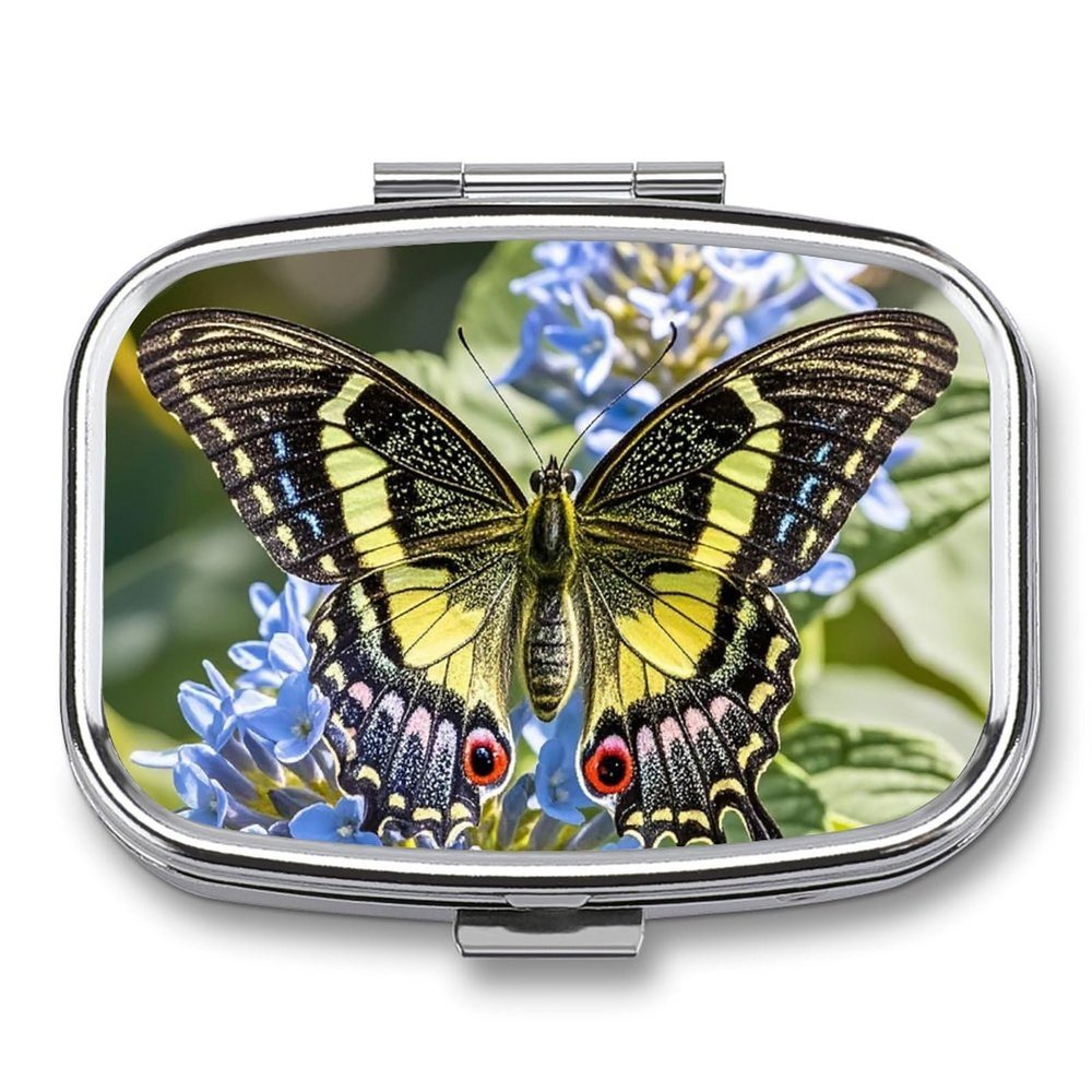 Square Pill Box Nice Butterfly Pill Case 2 Compartment Medicine Pill Organizer for Purse & Pocket Portable Travel Pillbox Medicine Vitamin Cod Liver Oil Storage Box Organizer