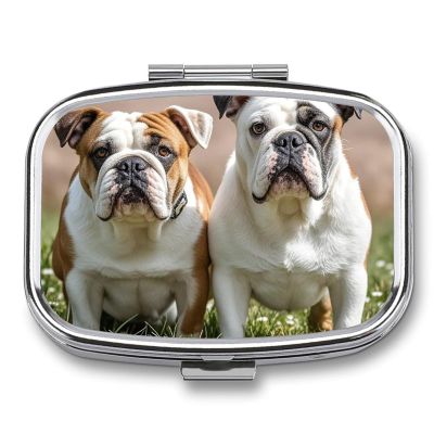 Square Pill Box Two Cute Bulldog Dogs Pill Case 2 Compartment Medicine Pill Organizer for Purse & Pocket Portable Travel Pillbox Medicine Vitamin Cod Liver Oil Storage Box Organizer
