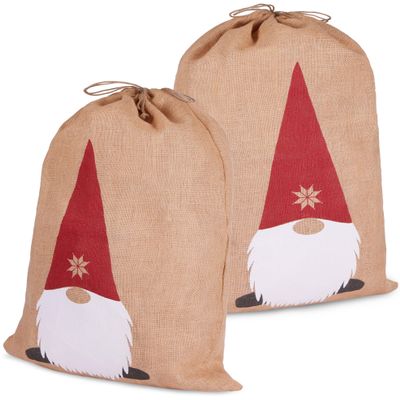 BRUBAKER Christmas Sack Gnome - 31.5 Inches Holiday Gift Bag - Santa Gnome Sack with Drawstring for Gift Wrapping - Gnome with Beard and Big Nose Design - Set of 2
