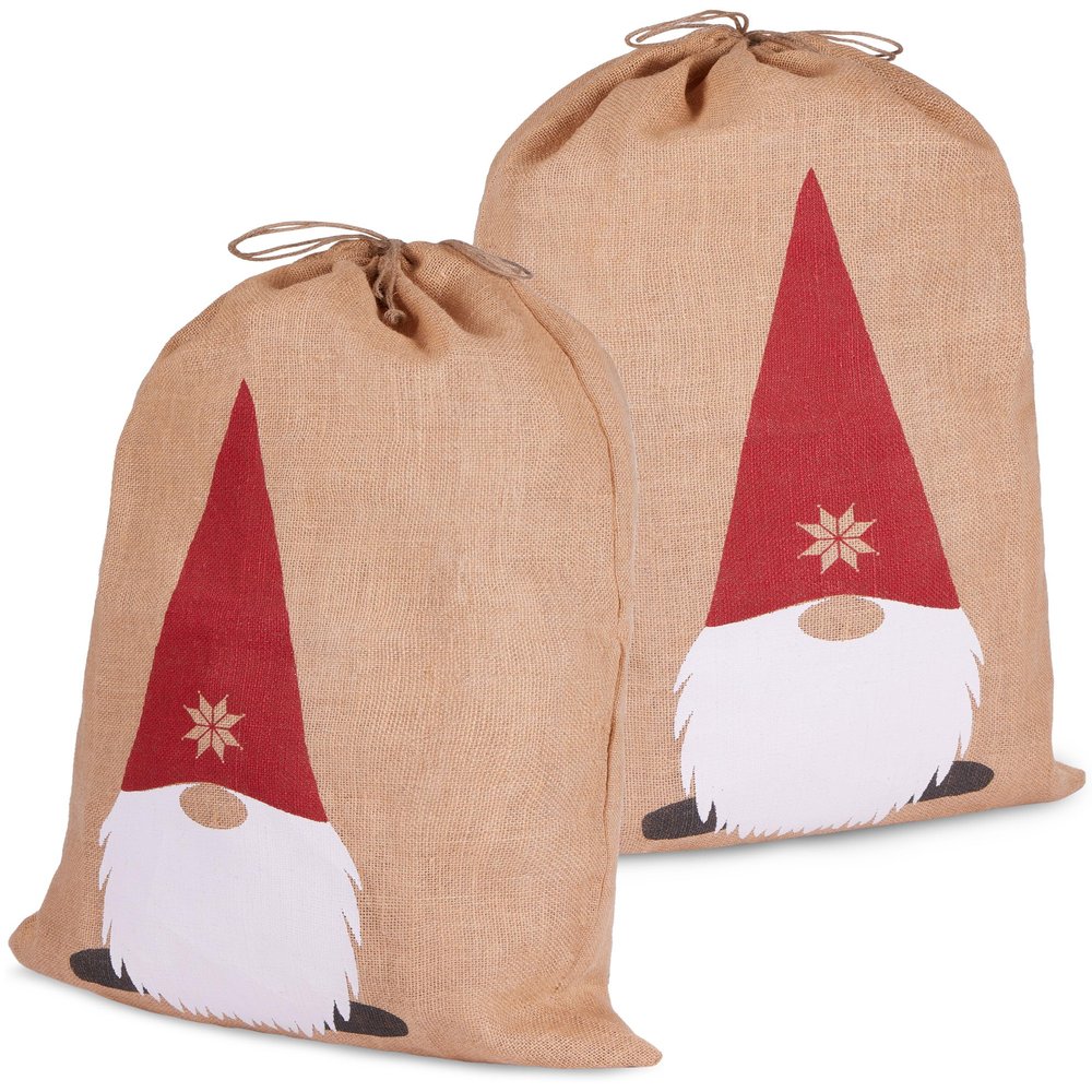 BRUBAKER Christmas Sack Gnome - 31.5 Inches Holiday Gift Bag - Santa Gnome Sack with Drawstring for Gift Wrapping - Gnome with Beard and Big Nose Design - Set of 2