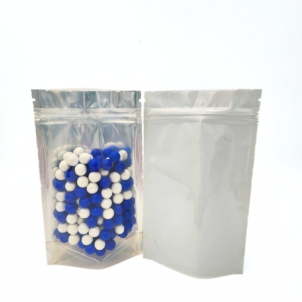 100 Pack 4" x 6.5" x 2.25" Smell Odor-Proof Mylar Reclosable Heat Sealable, Stand-Up Pouch Bag | Color: Clear Front, White Back | Multi Color