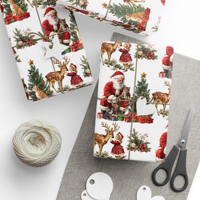 Vintage Christmas Wrapping Paper, Christmas Classic Santa Gift Wrapping Paper Roll, Santa and Reindeer Wrapping Paper Roll
