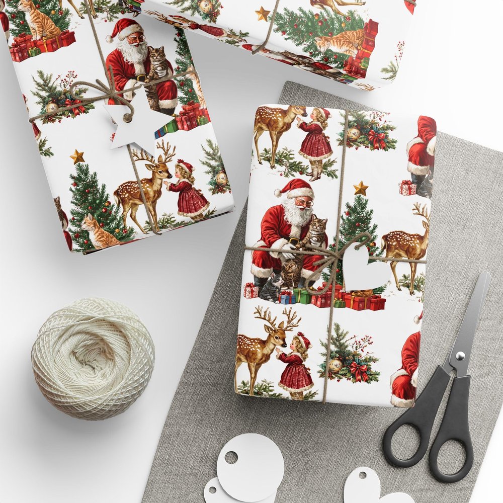 Vintage Christmas Wrapping Paper, Christmas Classic Santa Gift Wrapping Paper Roll, Santa and Reindeer Wrapping Paper Roll