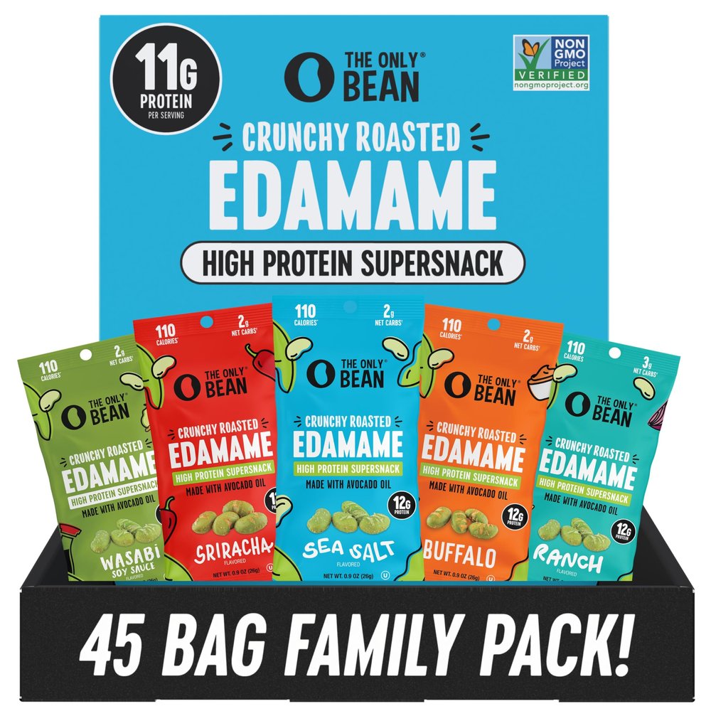The Only Bean High Protein Snacks, Healthy Office Snacks, Healthy Snacks for Adults and Kids for Lunch, Vegan, Low Carb & Gluten Free - Edamame Beans Snack, Variety Pack - 0.9oz (Pack of 45)