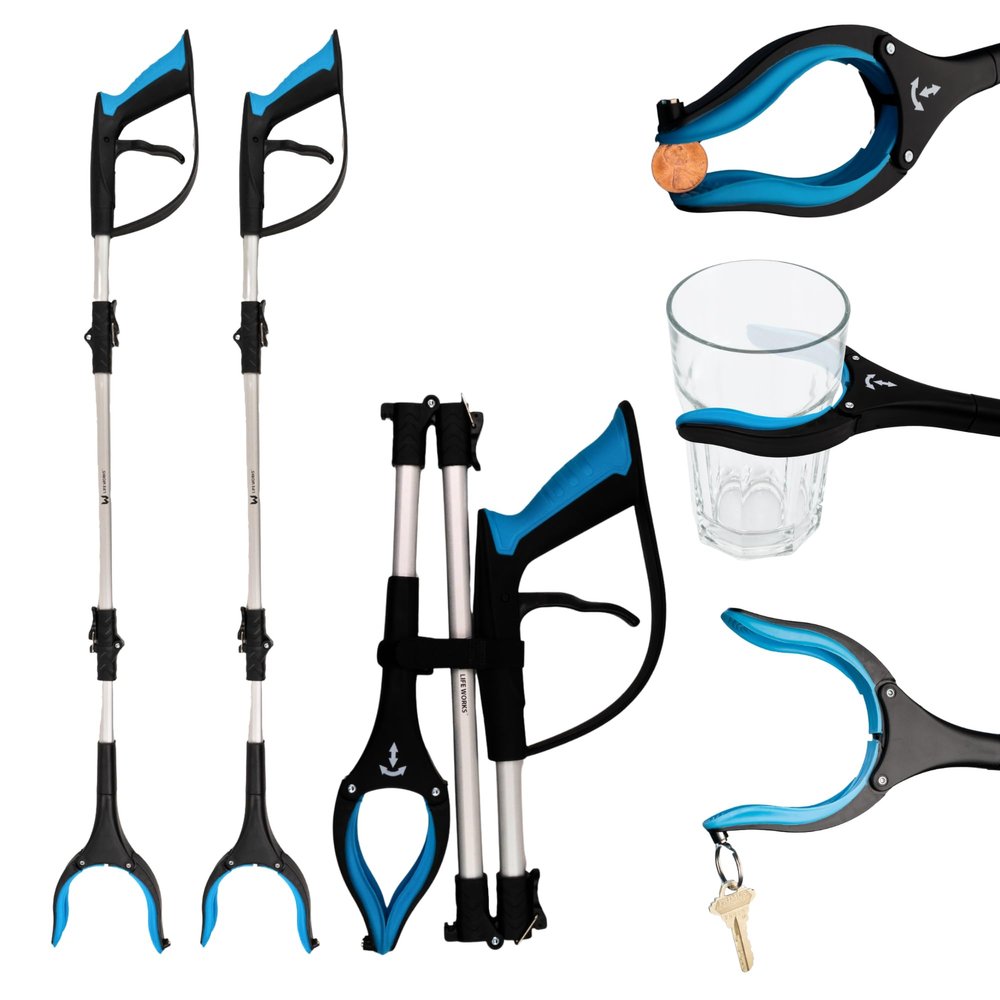 LIFE WORKS Reacher Grabber Tool, 360 Rotating Head, 4.5 Jaw Opening, Ergonomic Handle, Folds for Storage, Aids in Reaching Items High or Low, Surgery Recovery, Hip Replacement (2 Pack)