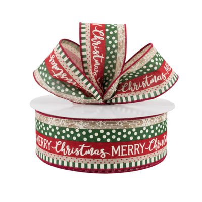 10 feet Merry Christmas Dots Stripes Red Green Natural Canvas Ribbon, Dots Stripes Red Green Natural Wired Ribbon, Merry Christmas Wired Ribbon, Ribbon for Wreaths, 2.5 Wired Ribbon