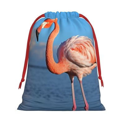 GDSHJKLW Flamingo In Water Ripple Christmas Drawstring Gift Bags Christmas Wrapping Bags Xmas Treats Bags Goody Sweet Treat Candy Bags Christmas Party Favor Pouch (Large Medium Small)