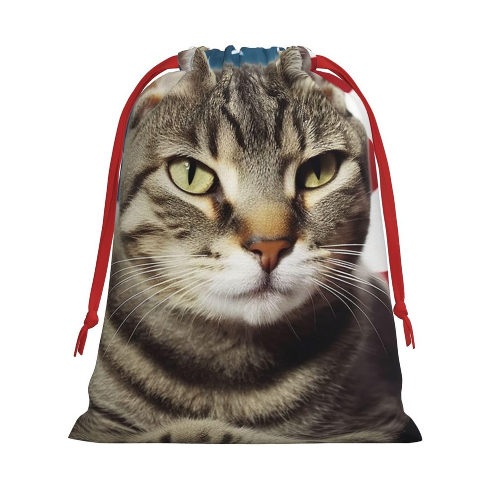 GDSHJKLW American Cat Usa Flag Christmas Drawstring Gift Bags Christmas Wrapping Bags Xmas Treats Bags Goody Sweet Treat Candy Bags Christmas Party Favor Pouch (Large Medium Small)