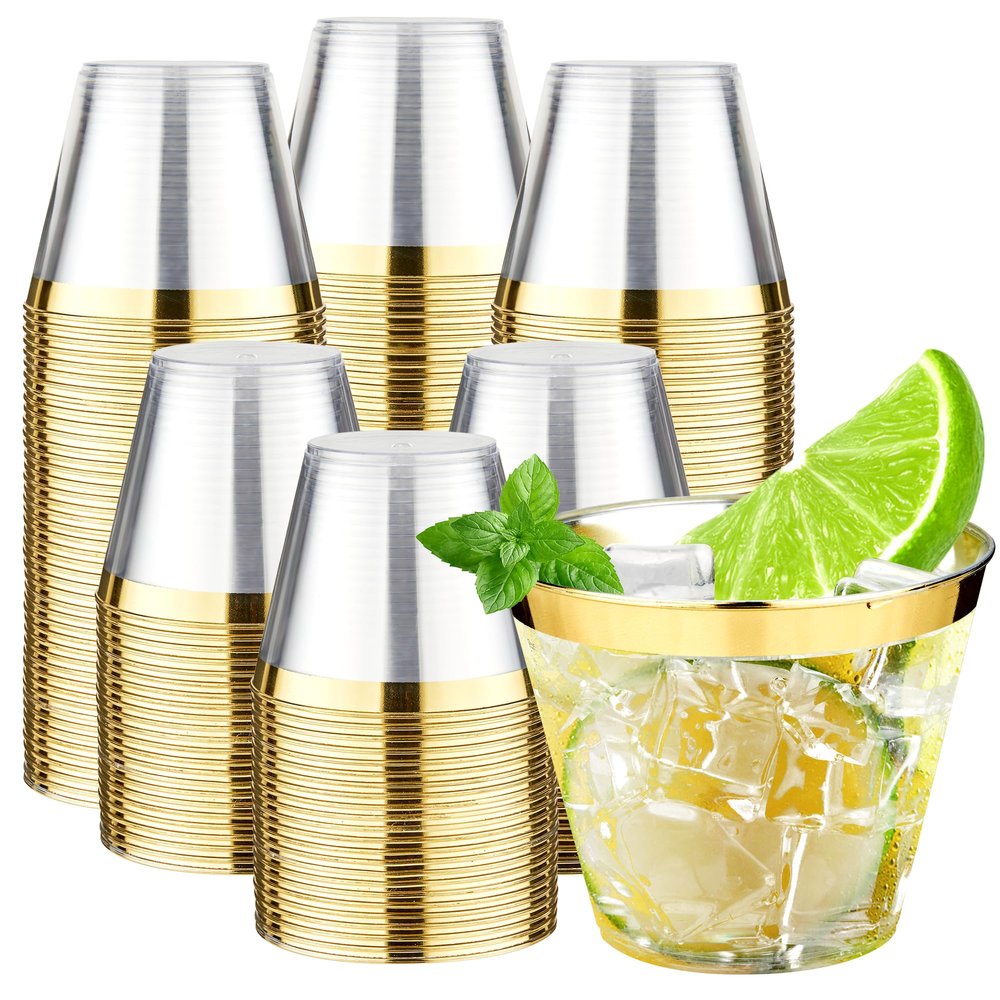 RACETOP 9 oz 200 Pack Plastic Cups with Gold Rim, Disposable Gold Rim Clear Plastic Cups for Parties, Gatherings, Weddings, and Festival Events