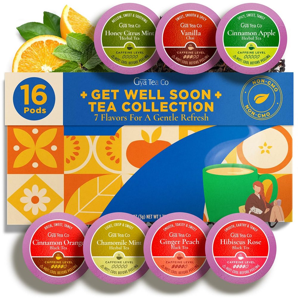 Gya Tea Co Get Well Soon Tea Pod Collection Gift Set (16 Count) - Different Flavors Assorted Variety Pack