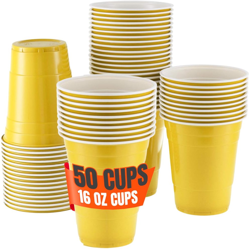 1InTheHome Yellow Plastic Party Cups, 16 Oz Plastic Disposable Drinking Cups, for Cold Drinks, BBQs, Events & Gatherings, 50 Pack