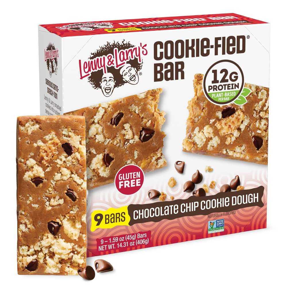 Lenny & Larry's Cookie-fied Bar Chocolate Chip Cookie Dough Vegan Protein Bars 9x45g Healthy Snacks with 12g Plant Protein & 5g Fiber Gluten-Free Power Bar, Non-GMO & Vegan