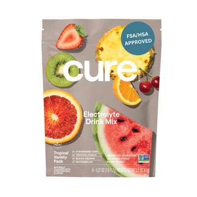 Cure Hydration | Plant-Based Electrolyte Drink Mix | No Added Sugar | FSA-HSA | Dehydration Relief Powder Made with Coconut Water | Non-GMO | Vegan | 8 Packets - Tropical Variety Pack