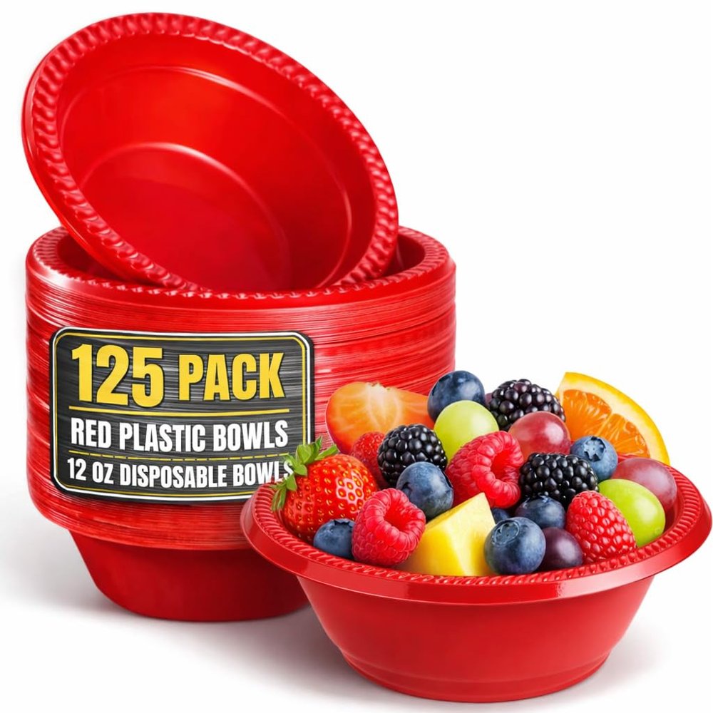 1InTheHome Red Plastic Bowls 12 Oz, Disposable Party Bowls - Red Soup Bowls (125 Pack)