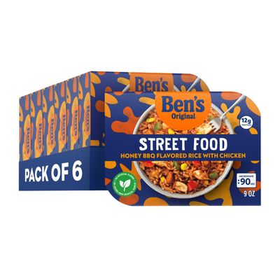 BEN'S ORIGINAL Street Food Honey BBQ Flavored Rice with Chicken, Prepared Entre, Microwavable Heat-&-Eat Bowl in 90 Seconds, 9 oz (Pack of 6)