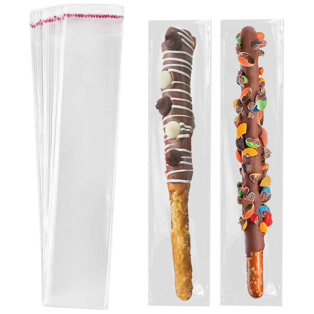 100 Pcs Self Sealing Cellophane Bags: 2x10 Inches Clear Pretzel Rod Resealable Pretzels Individual Bags for Packaging ICY Candy Treat Popsicle Cookies