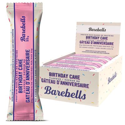 Barebells Protein Bar - 55g, Box of 12 Units | Birthday Cake Flavor, 20g Protein, No Added Sugar, Collagen, Crispy and Creamy Texture