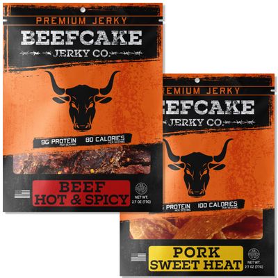 BEEFCAKE Jerky Spicy Duo- Beef Jerky Sweet Heat Pork & Hot Spicy Beef Meat Snacks, 9 Gram of Protein and 100 Calories 2.7 Oz | Pack of 2