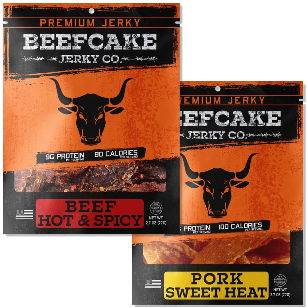BEEFCAKE Jerky Spicy Duo- Beef Jerky Sweet Heat Pork & Hot Spicy Beef Meat Snacks, 9 Gram of Protein and 100 Calories 2.7 Oz | Pack of 2