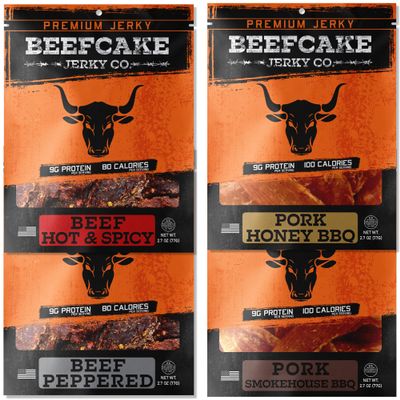 BEEFCAKE Jerky Mixed Favorites, Pork & Beef Jerkey Variety Pack Premium Snacks, 9 Gram of Protein & 100 Calories 2.7 Oz | Pack of 4