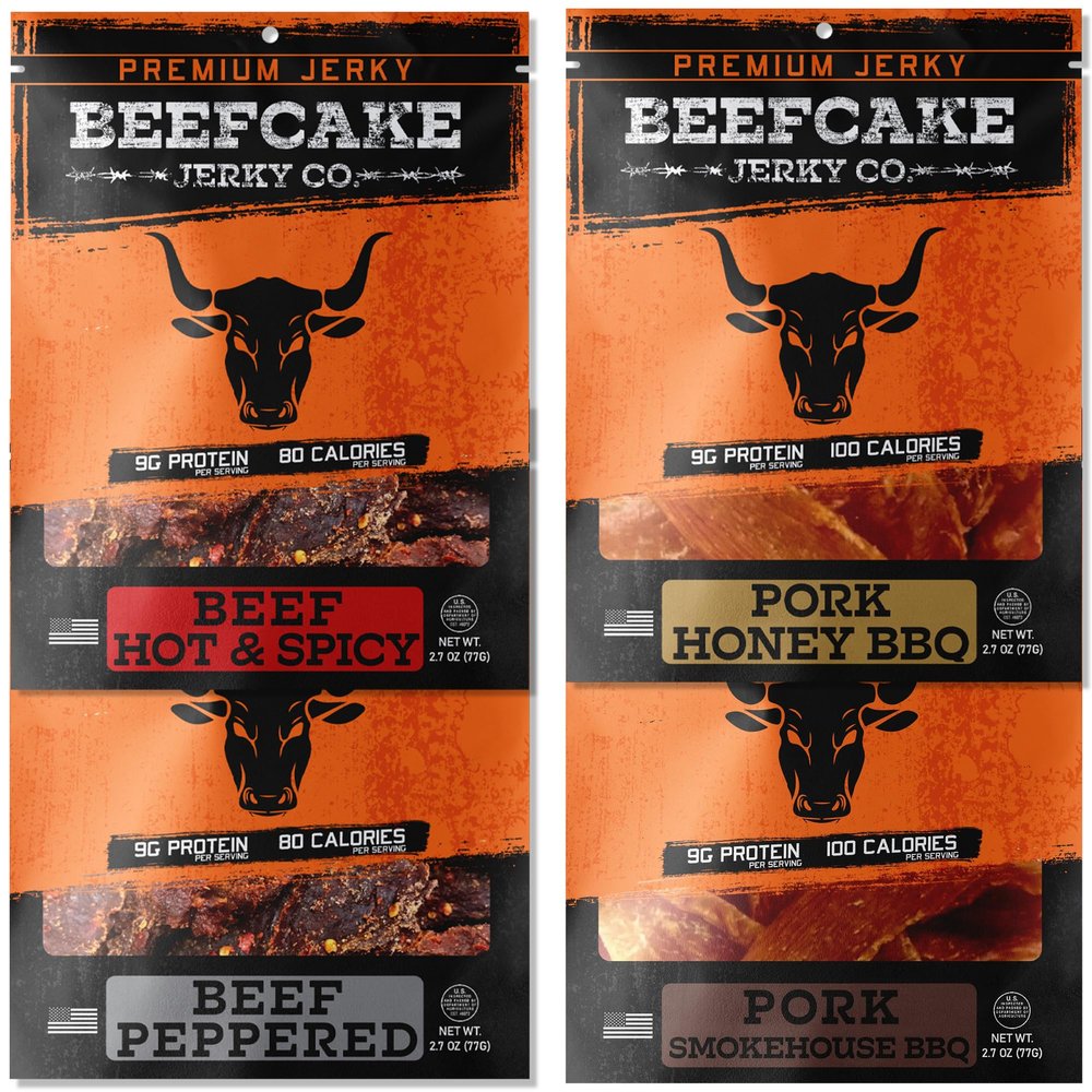 BEEFCAKE Jerky Mixed Favorites, Pork & Beef Jerkey Variety Pack Premium Snacks, 9 Gram of Protein & 100 Calories 2.7 Oz | Pack of 4