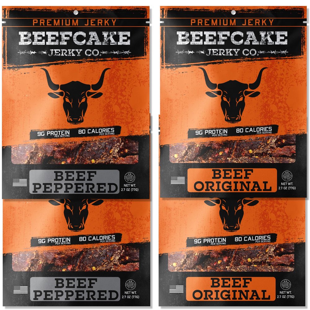 BEEFCAKE Jerky Classic Beef Bundle, Includes Beef Jerky Traditional Peppered & Original Flavor, 9 Gram of Protein & 100 Calories 2.7 Oz | Pack of 4