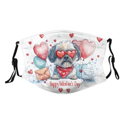 Rqwaaed Happy Valentines Day Lhasa Apso Dog Puppy Dog Face Mask Washable Reusable Adults Breathable With 2 Filters