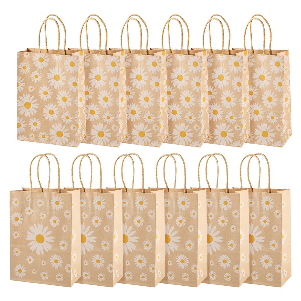 Cheriswelry 12Pcs Paper Bags Daisy Flower Paper Gift Bags Brown Shopping Bags with Handles 20.1x14.8x0.2cm for Wedding Party Favors Packaging