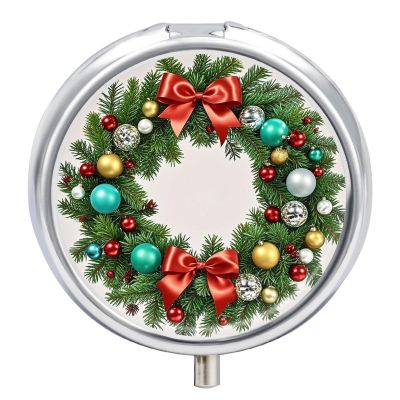 Christmas Wreath of Evergreen Branches Pill Box for Purse Pocket Small Round Pill Case Decorative Medicine Box Travel Medicine Tablet Case Vitamin Organizer Pill Container Holder Unique Gift
