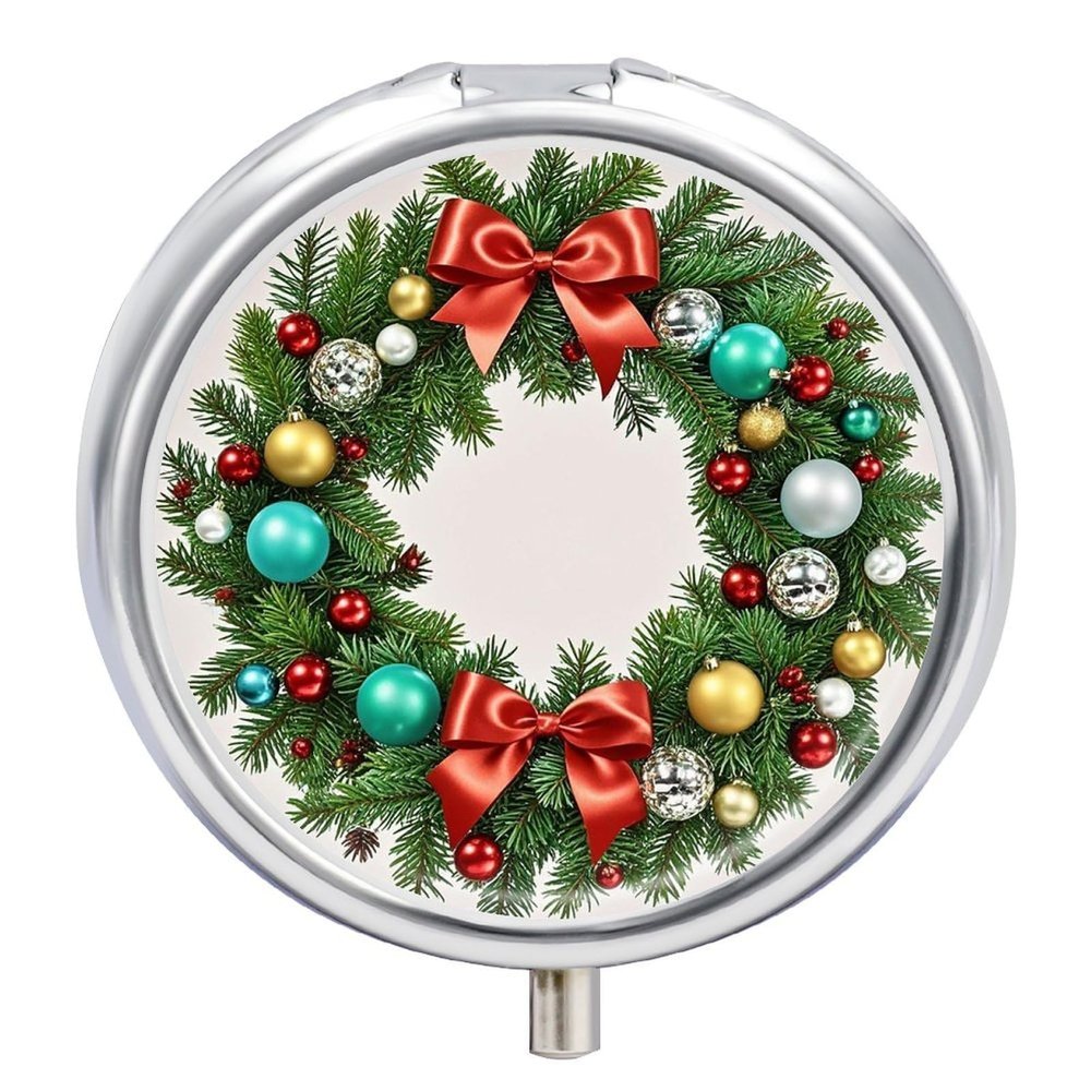 Christmas Wreath of Evergreen Branches Pill Box for Purse Pocket Small Round Pill Case Decorative Medicine Box Travel Medicine Tablet Case Vitamin Organizer Pill Container Holder Unique Gift