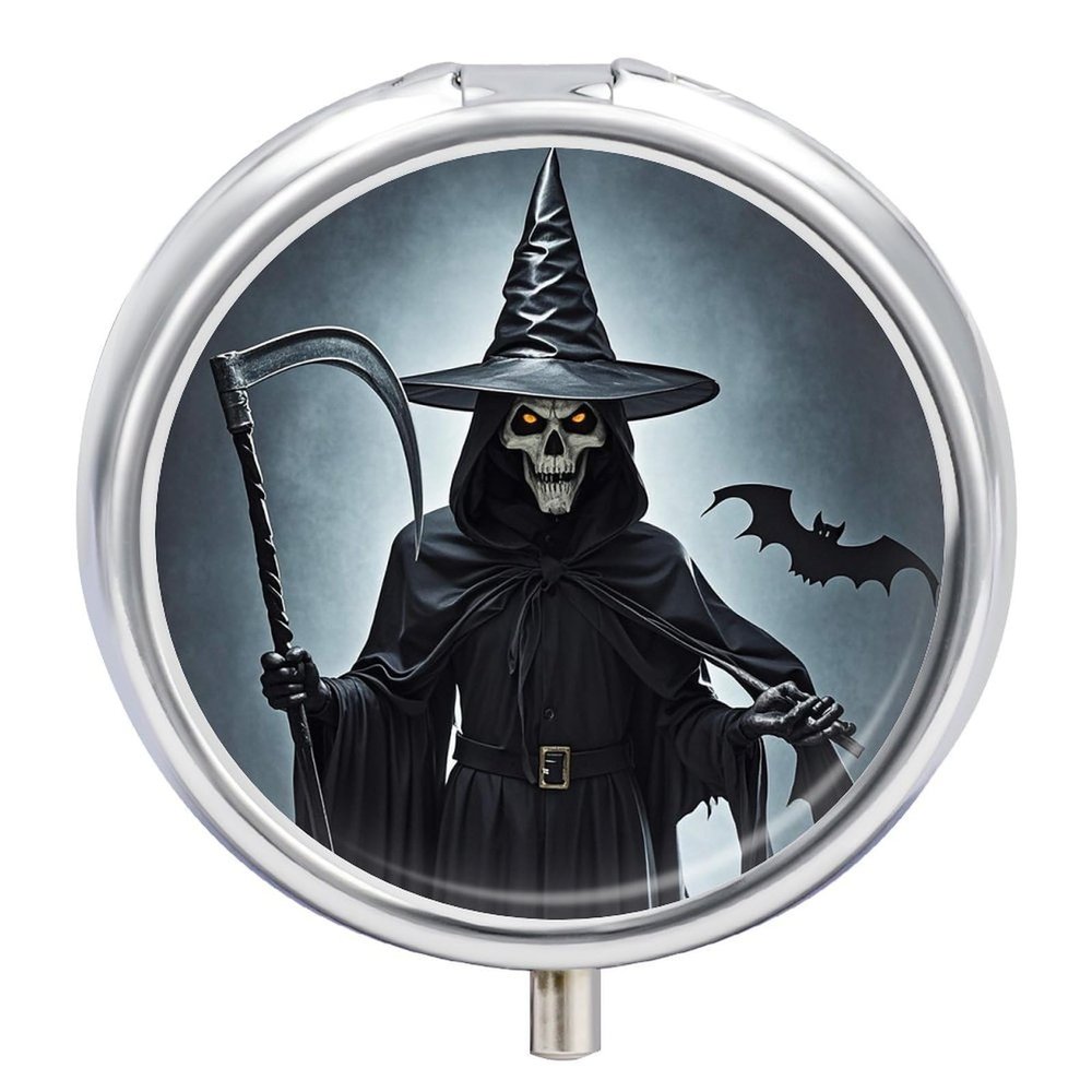 Death Scythe Pill Box for Purse Pocket Small Round Pill Case Decorative Medicine Box Travel Medicine Tablet Case Vitamin Organizer Pill Container Holder Unique Gift