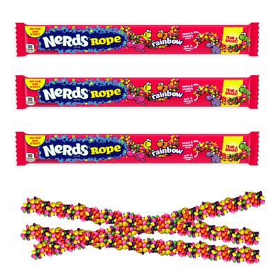 Rainbow Candy Ropes 0.92 oz, 3 Pack Chewy Gummy Ropes with Crunchy Tangy Coating 5 Fruity Flavors: Lemon, Orange, Strawberry, Grape & Watermelon Individually Wrapped