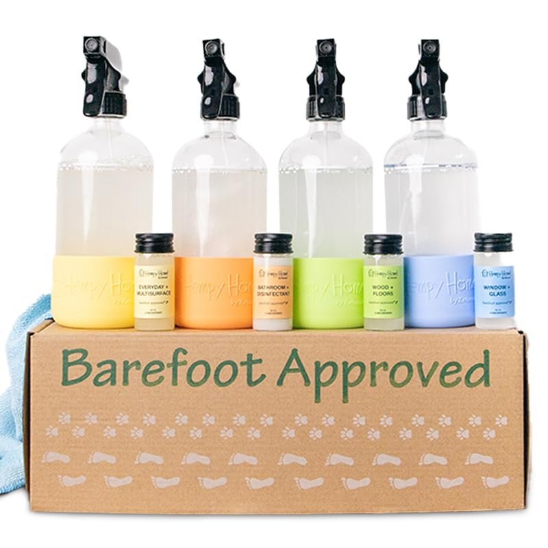 Zatural Hempy Home Starter Kit | Barefoot Approved | 4 Reusable Bottles + 4 Concentrates + Micro Fiber Towel | Bathroom - Floor - Multi-Surface - Window