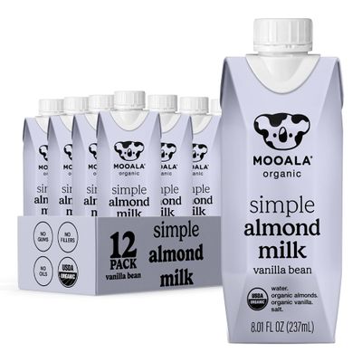 Mooala Organic Simple Almondmilk Vanilla- Shelf Stable Single Serve Cartons, 4 Ingredients, No Gums, No Oil, No Fillers, Dairy Free Plant Based Milk, On The Go 12 Pack