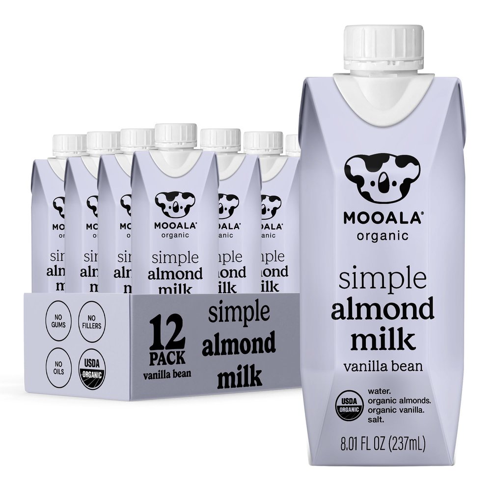 Mooala Organic Simple Almondmilk Vanilla- Shelf Stable Single Serve Cartons, 4 Ingredients, No Gums, No Oil, No Fillers, Dairy Free Plant Based Milk, On The Go 12 Pack