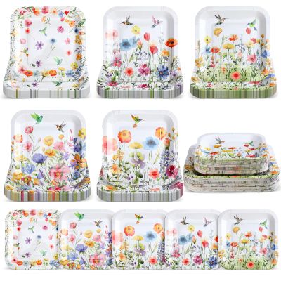 100 Pcs Wildflower Plates Party Supplies Spring Flower Paper Plates Wildflower Baby Shower Decorations 9'' and 7'' Square Dessert Disposable Tableware Set for Summer Picnic Wedding Birthday Tea Party