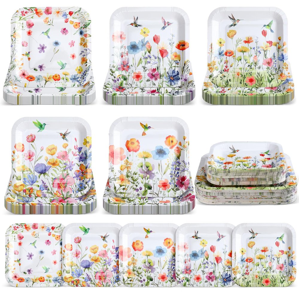 100 Pcs Wildflower Plates Party Supplies Spring Flower Paper Plates Wildflower Baby Shower Decorations 9'' and 7'' Square Dessert Disposable Tableware Set for Summer Picnic Wedding Birthday Tea Party